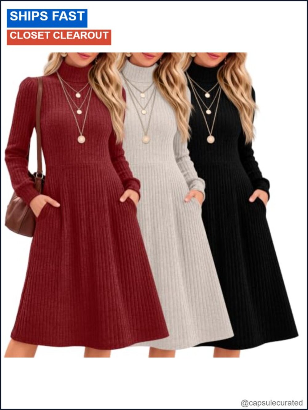 Long Sleeve Sweater Dress Set with Pockets Turtleneck Empire Waist